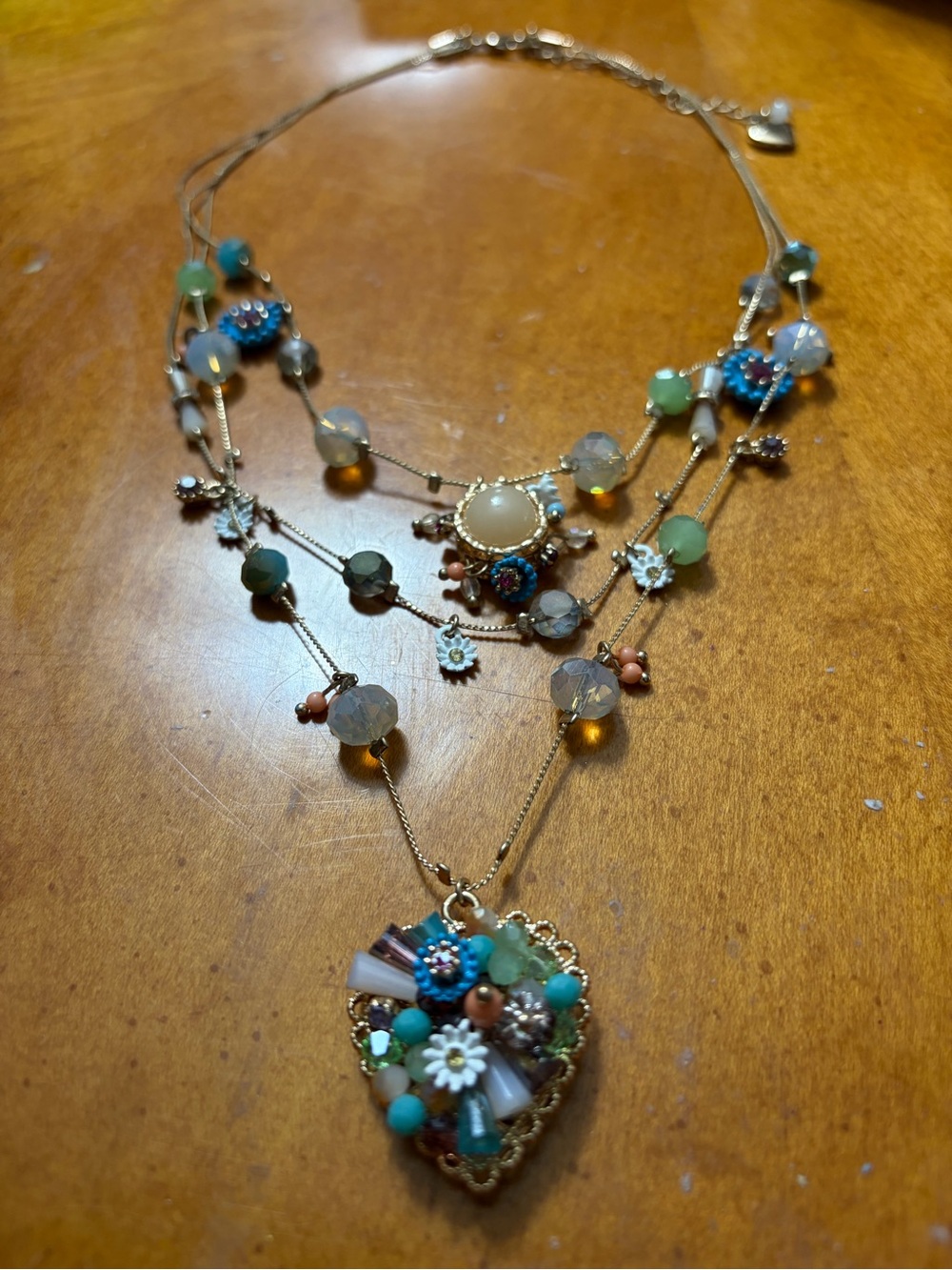 Betsey Johnson Boho Multi-Strand Heart Pendant Necklace in Turquoise and Coral.